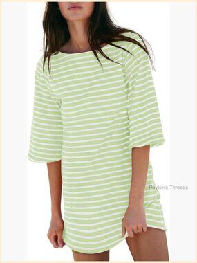 Cotton T-Shirt Dress Summer Casual Loose Short Sleeve Striped Mini Dress with